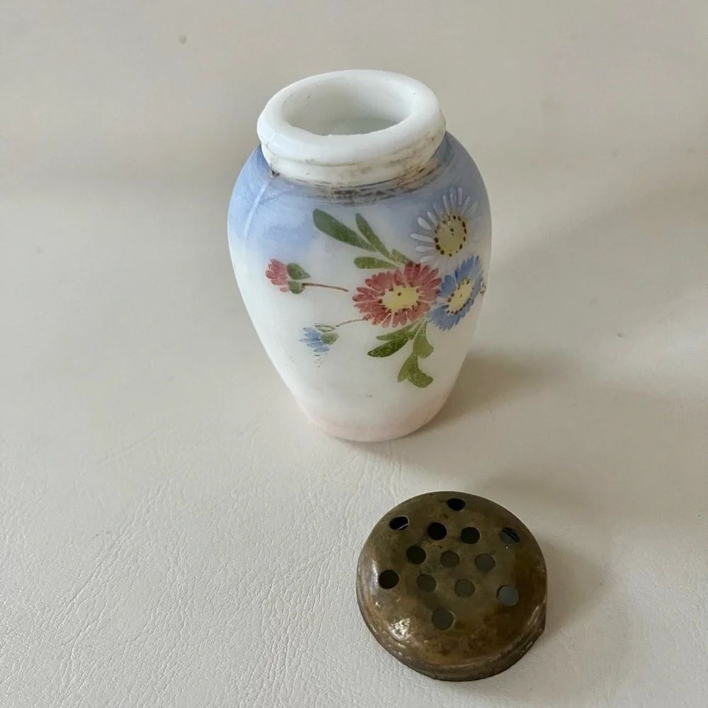 Hand-Painted Milk Glass Floral Salt Shaker with Metal Lid